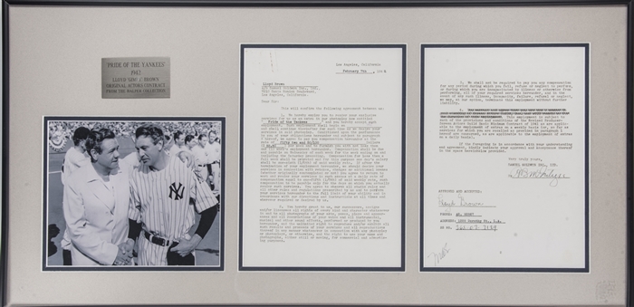 Lot of (3) "Pride of the Yankees" Memorabilia Including Gary Cooper Type 1 Photo, Lloyd Brown Signed Contract & Poster (PSA/DNA Type 1 & Beckett)